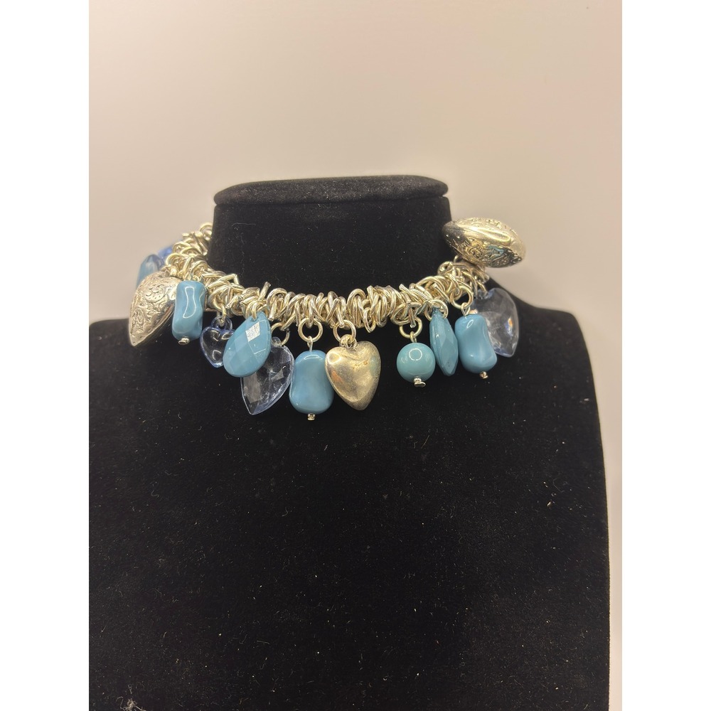 Candies Breaking Hearts Blue Bead Silver Tone Heart Charm Elastic Bracelet‎ Y2K